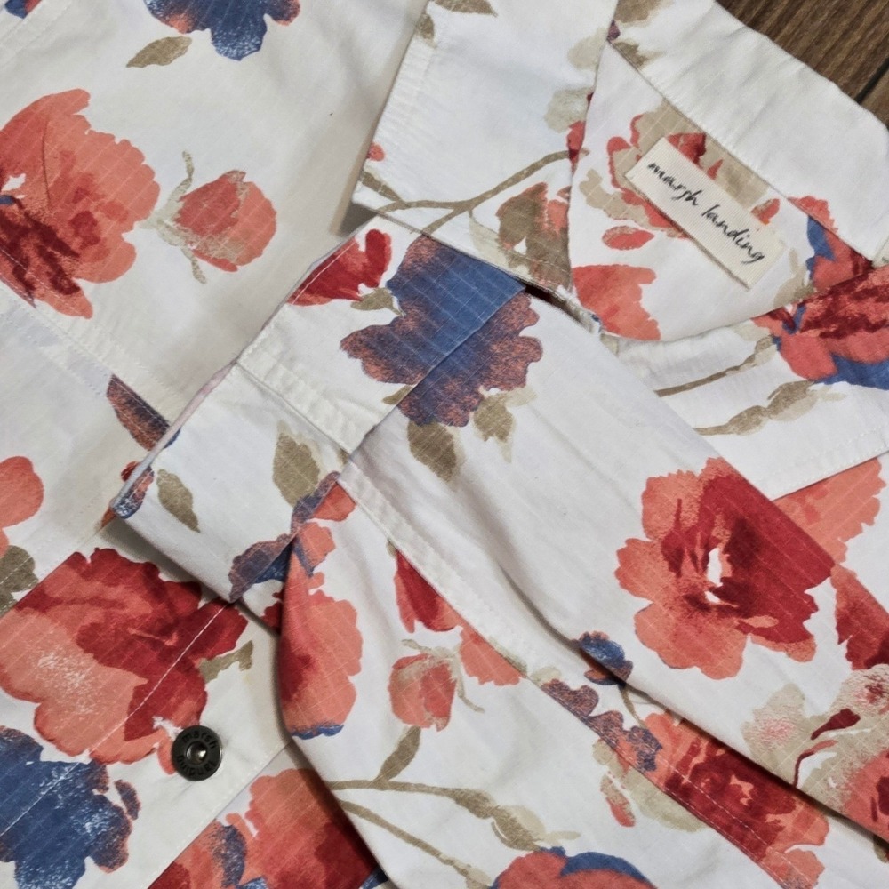 Marsh Landing Floral Jacket White Red Blue Flowers Button Up Women's Size L - Picture 5 of 8